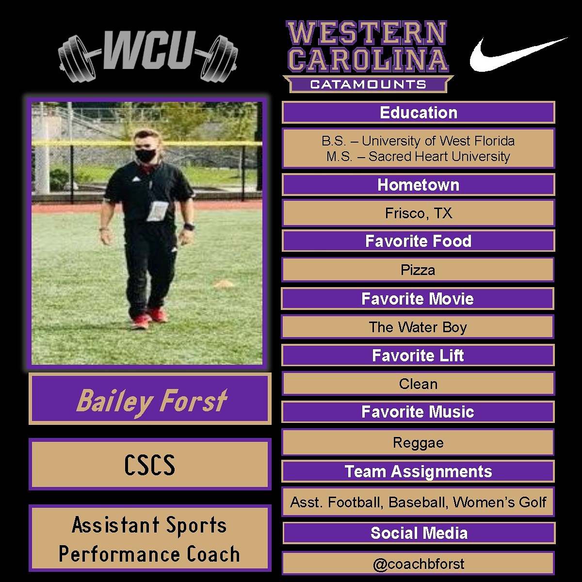 wcustrength's tweet photo. ▪️Meet the Staff▪️
Coach Bailey Forst! Coach Forst has an unbelievable background in Olympic weightlifting and has a tremendous amount of experience coaching at the collegiate level. We are excited to have Coach Forst join our department! #CatamountCountry https://t.co/8MOxFmmgPX