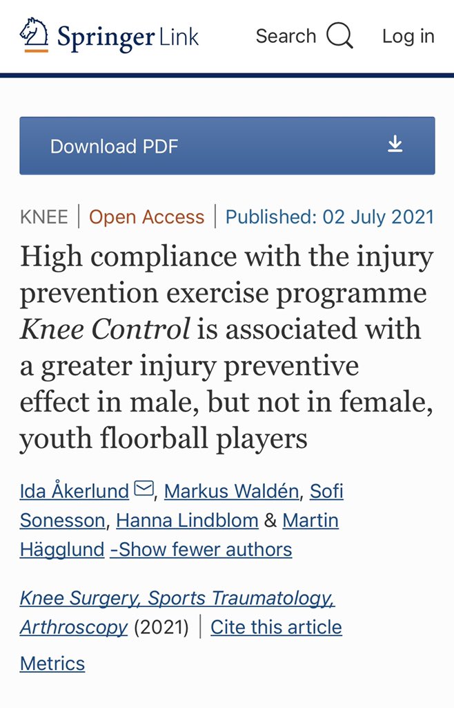 Martin Hägglund (@mhgglund) on Twitter photo Compliance to injury prevention program & injury rates in youth floorball 🏑 <a href="/IdaAkerlund1/">Ida Åkerlund</a> <a href="/SWIPE__/">Sport Without Injury ProgrammE</a> #OA
⬆️ compliance = ⬇️ risk in 🚹 but not in 🚺 🧐
Teams with ⬆️ compliance also had ⬆️ fidelity
Highly compliant coaches perceived performance benefits
link.springer.com/article/10.100… Compliance to injury prevention program & injury rates in youth floorball 🏑 <a href="/IdaAkerlund1/">Ida Åkerlund</a> <a href="/SWIPE__/">Sport Without Injury ProgrammE</a> #OA
⬆️ compliance = ⬇️ risk in 🚹 but not in 🚺 🧐
Teams with ⬆️ compliance also had ⬆️ fidelity
Highly compliant coaches perceived performance benefits
link.springer.com/article/10.100…