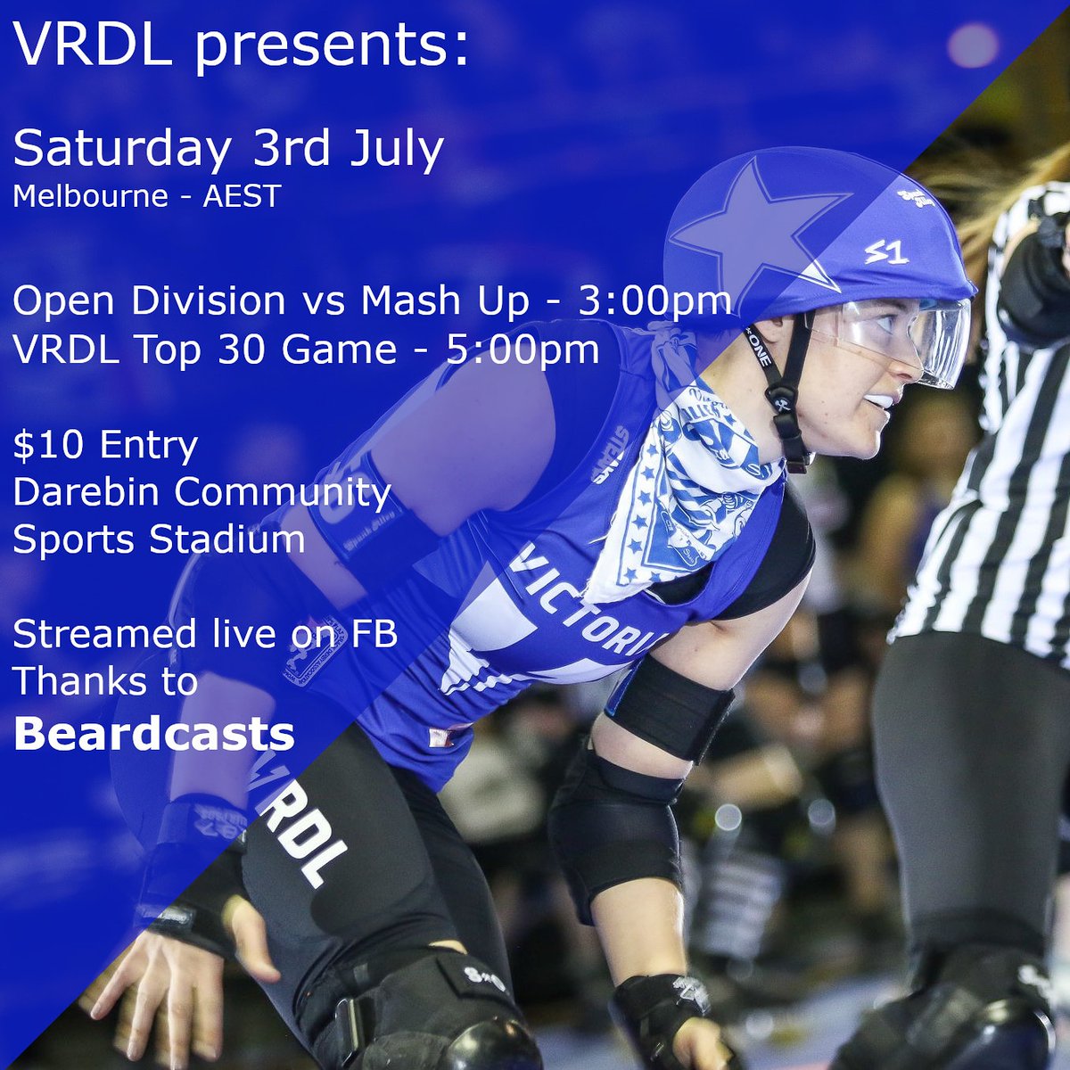 Only one more sleep! We can't wait to skate our hearts out for you all 💙 

VRDL ODT vs Mash Up -
US: 1:00am EDT &amp;  Fri 10:00pm PDT
UK: 6:00am BST
AU: 3:00pm AEST

VRDL Top 30 -
US: 3:00am EDT &amp; 12:00am PDT
UK: 8:00am BST
AU: 5:00pm AEST
 
📸 @punkmarko

#derbytwitter