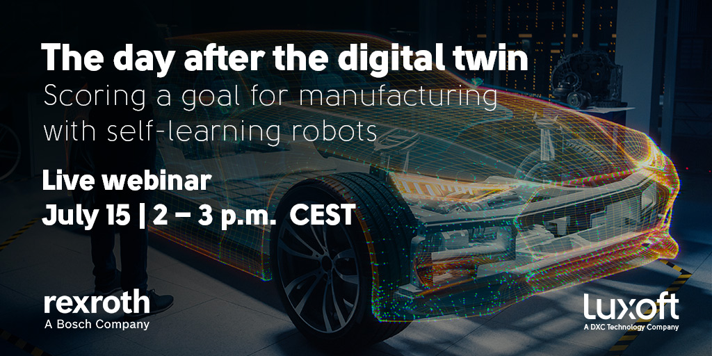 luxoft's tweet photo. What connects a digital twin, manufacturing of the future, and #euro2020? KIcker! Join experts from DXC Luxoft and @BoschRexroth on July 15 to hear all about it. https://t.co/NnleerNrx0 #autmotive #digitaltwin https://t.co/1KVnuz3Coz