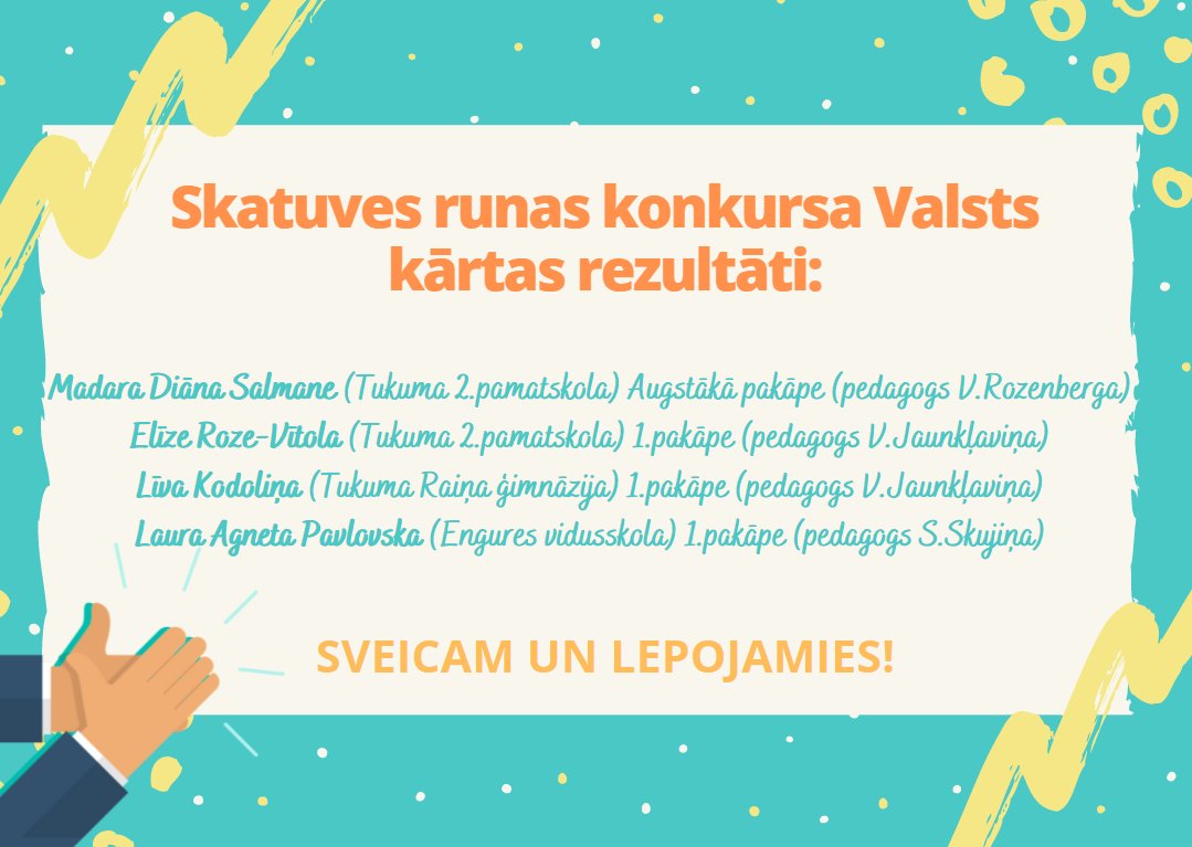 🎥🏆🎤 Veiksmīgi noslēdzies skatuves runas konkurss!
Saskaņā ar Valsts izglītības satura centra nolikumu, valsts kārtas skatuves runas konkursa dalībniekus vērtēja pēc iesūtītajiem video priekšnesumiem.