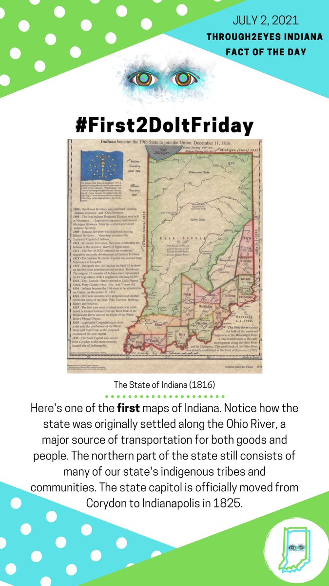 Through2Eyes's tweet photo. #First2DoIt: Here's one of the first maps of Indiana. Notice how the state was originally settled along the Ohio River, a major source of transportation for both goods and people. The northern part of the state still consists of many of our state's indigenous communities. https://t.co/ieLdkwcOt1