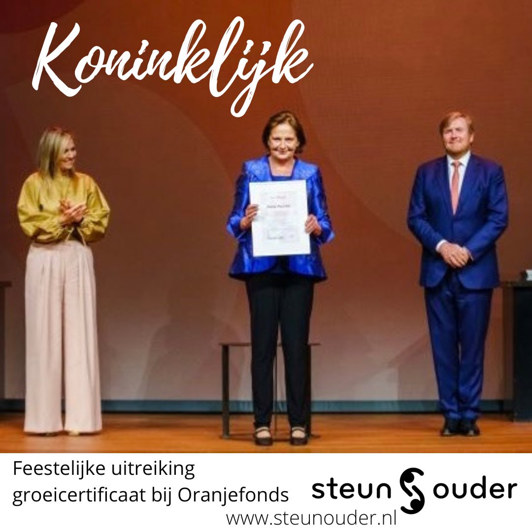 Steunouder was deelnemer aan het groeiprogramma van het Oranjefonds. Deze week was de feestelijke uitreiking van het Goeicertificaat door de koning en de koningin aan onze directeur Maria Wassink. Gefeliciteerd Maria en dat Steunouder nog lang mag doorgroeien!