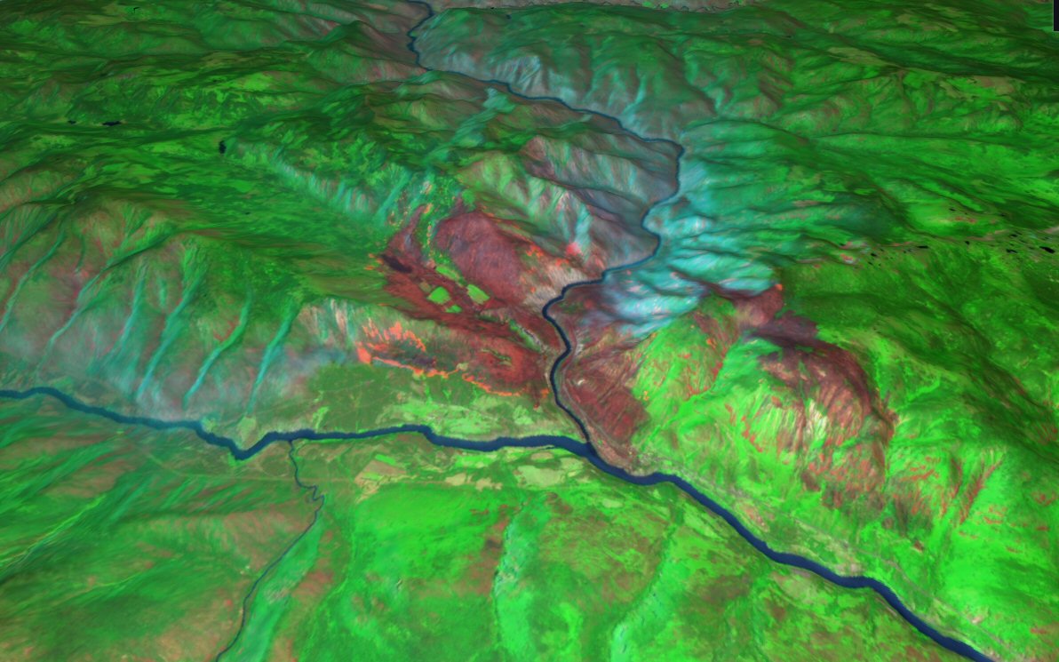 #satellite image #sentinel2 from July 1st shows town of #Lytton, #Canada (river junction) destroyed by fire after recording record temp. of 49,5 degrees. Burnt area = brown, smoldering fires = orange spots. #lyttonfire #ESA #CanadaHeatWave #HeatWave2021 #LyttonBC #bcwildfires