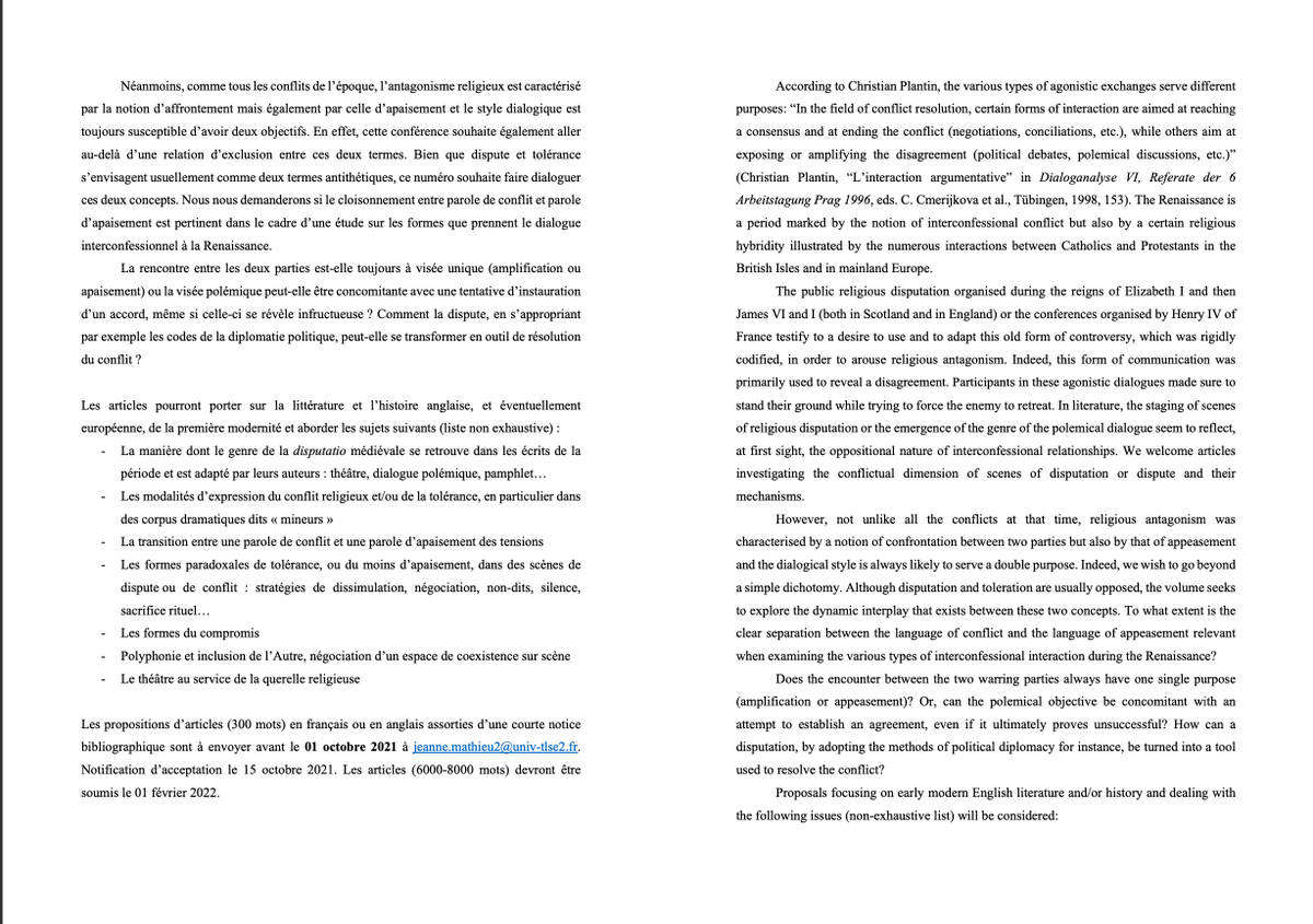 Jeann_Ma's tweet photo. CFP: December 2022 issue of Caliban on Religious Dispute and Toleration in Early Modern History and Literature / Dispute et tolérance religieuses à la Renaissance.
Abstracts due by 1 October 2021 🖊️ https://t.co/K15bIYCuYR