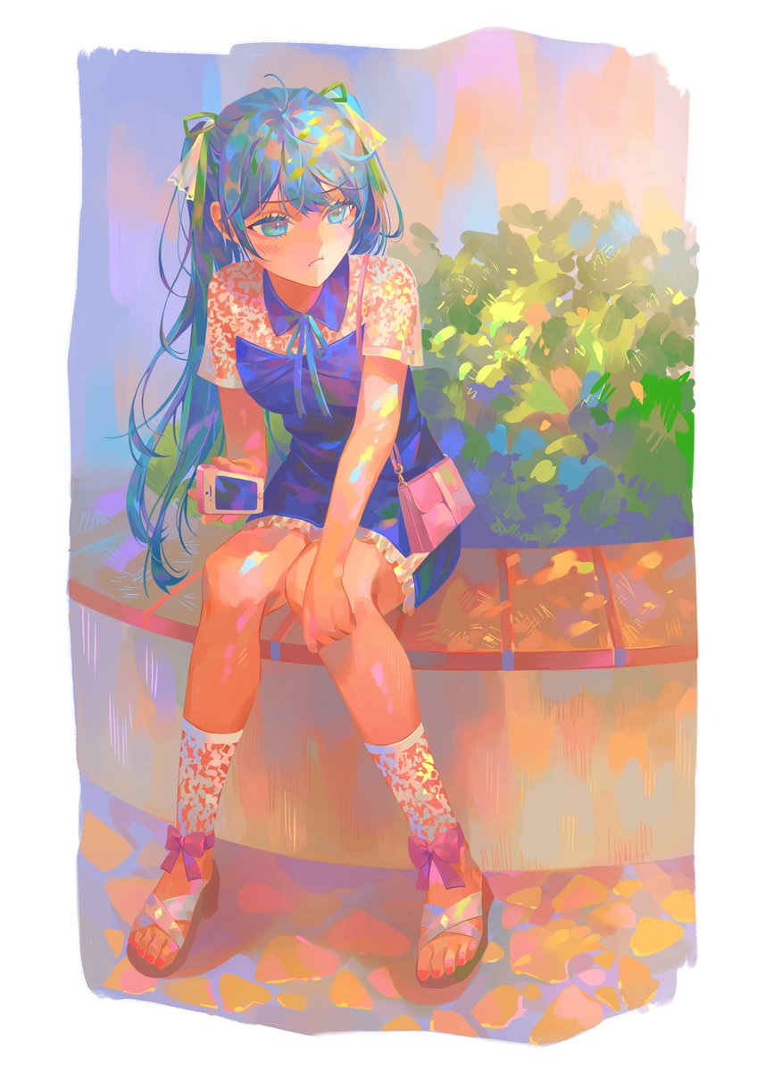 hatsune miku 1girl solo phone long hair cellphone sitting dress  illustration images