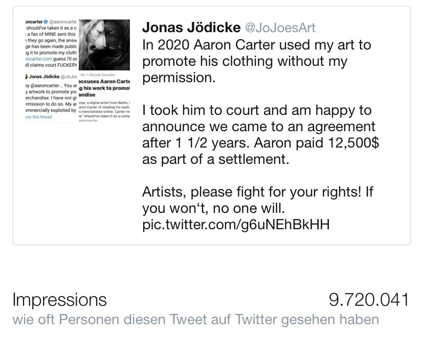 Jonas Jödicke on Twitter: "Wow! Almost 10 Million people reached with the tweets about the Aaron Carter case outcome. Thank you for the massive support! Hopefully a lot people have been