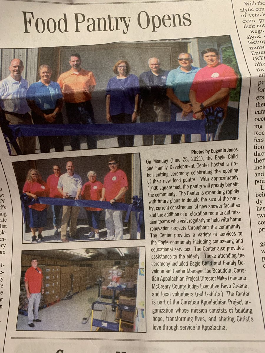 Front page coverage from The McCreary County Voice. Thanks Eugenia Jones. ⁦<a href="/ChrisAppProj/">Christian Appalachian Project</a>⁩ had a ribbon cutting for our new food pantry. McCreary has one of the highest food insecurity rates in the state.