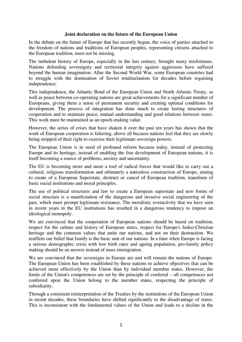 KatalinNovak_HU's tweet photo. We will defend Europe from aggressive attempts to transform it &amp; keep it the way it is: a truly diverse, Christian continent where we may all feel at home. The joint declaration of 16 European parties #FutureofEurope #CoFoE https://t.co/Fb1cBt6kNE