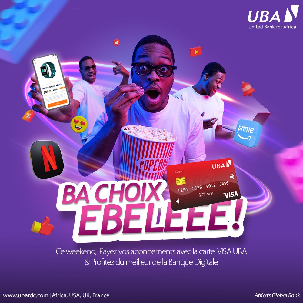UBARDC's tweet photo. Ce weekend, payez vos abonnements avec la carte VISA UBA !!!!
Disponible dans toutes nos agences...
#baChoixEbele #CarteVISA #UBARDC https://t.co/kwlZdJRyzQ