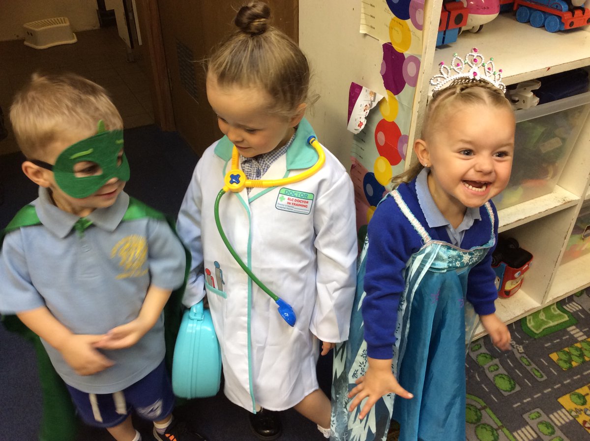 LadyKSch's tweet photo. A nurse, a princess and PJ Mask sharing 'joy in their learning' experiences at Care and Play. #imaginativelearning #EYFS #joyinlearning https://t.co/tbV7bR05Zp