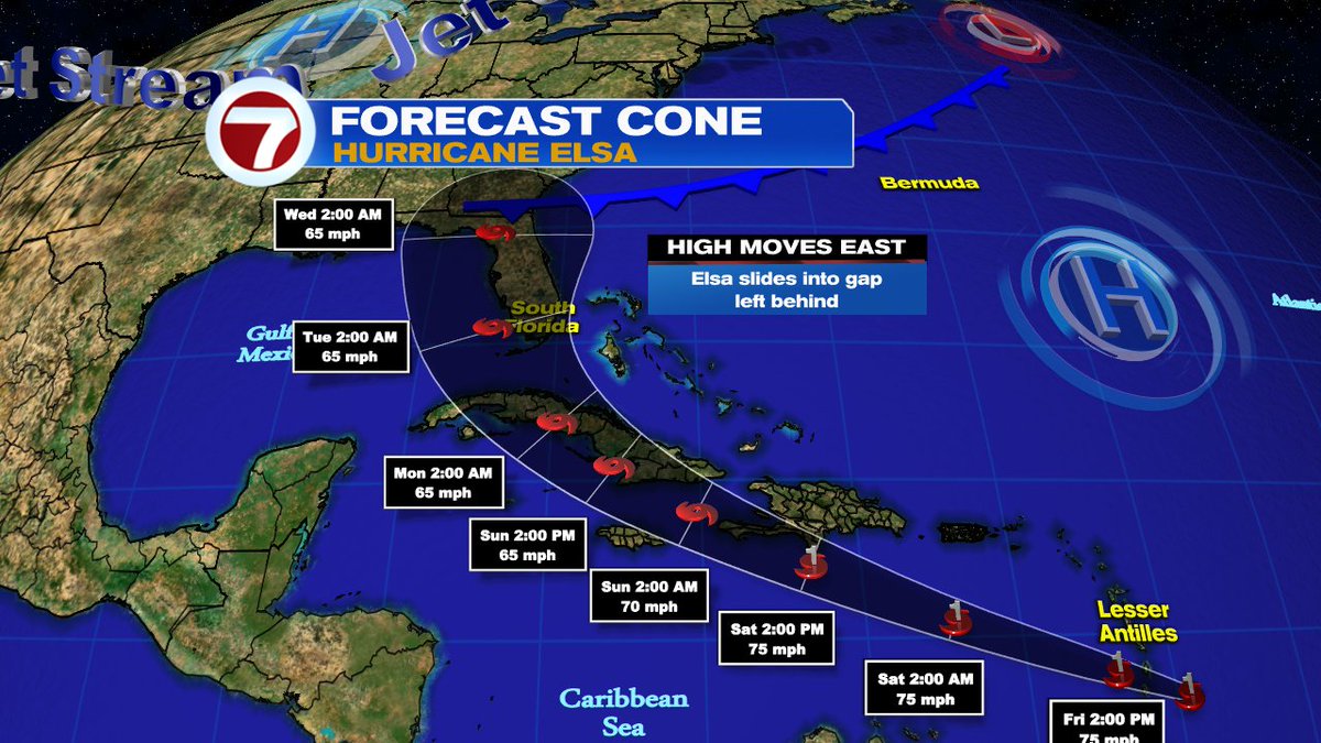 wsvn's tweet photo. Here is the latest forecast track on Tropical Storm #Elsa. 

Download the free Hurricane Tracker app at: https://t.co/EK9Kj9MJiF https://t.co/L9SS68bJoX
