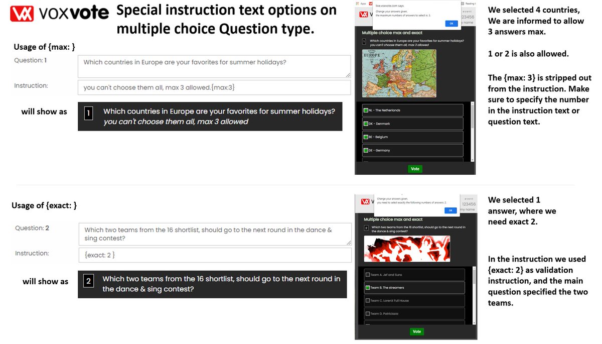 VoxVote's tweet photo. New feature: On multiple choice question type, specify the number of answers per question. For example max 2 answers allowed, or exact 3 from a longer list of answer options. See video instruction on https://t.co/zsjsUaZ8iS https://t.co/VKELzhYuKv