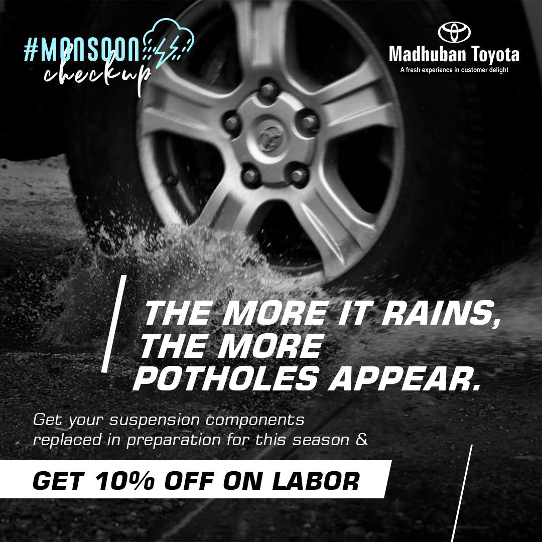 MadhubanToyota's tweet photo. The monsoon brings rain, cold breezes and a lot of potholes. Replace your suspension this season to glide over the potholes that would otherwise cripple your car.
Call us: 022 42431999 / 9833224963
.
.
.
#MadhubanToyota #DoorstepCarService #Monsoon #MonsoonBlues #MonsoonCheckup https://t.co/EYUdGPCZk7