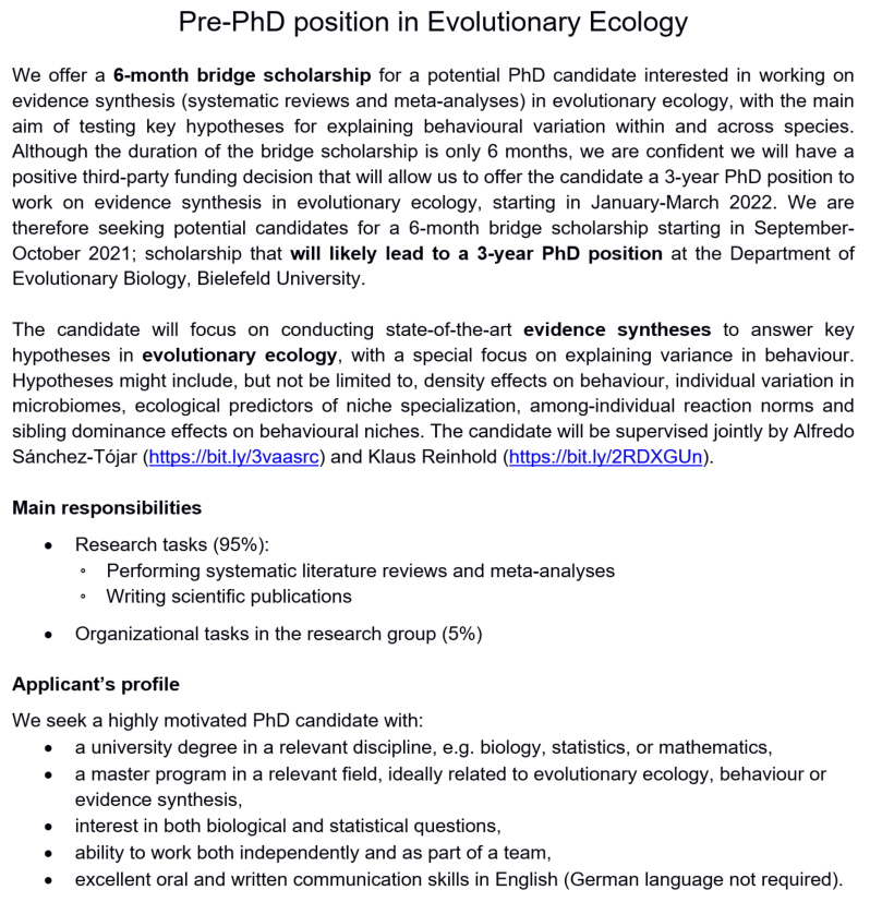 ASanchez_Tojar's tweet photo. 📢Job alert📢We're searching for a PhD candidate interested in evidence synthesis in evolutionary &amp; behavioural ecology. 
- Starting date: Sep-Oct 2021
- Deadline for applications: 15th Aug 2021

Details below. DM/email me for any questions. https://t.co/ML3Aw3EFLs