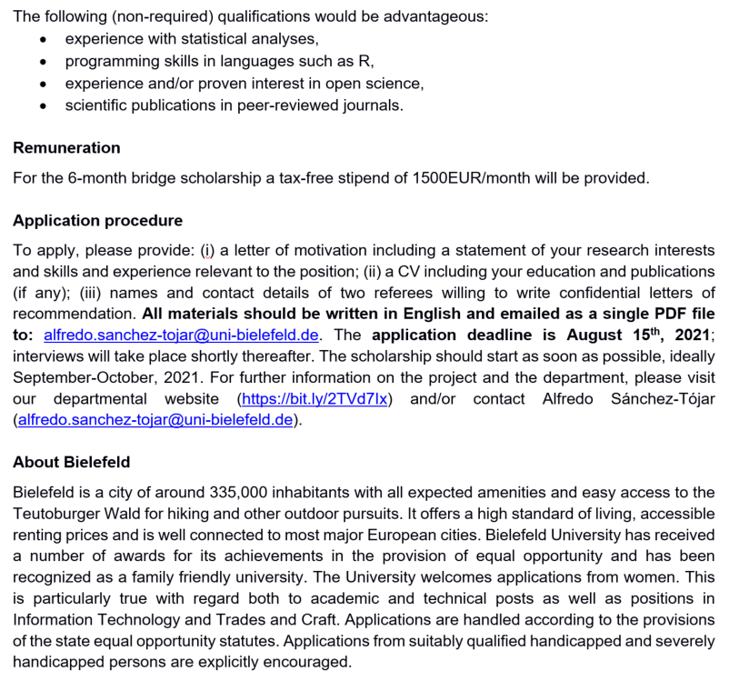 ASanchez_Tojar's tweet photo. 📢Job alert📢We're searching for a PhD candidate interested in evidence synthesis in evolutionary &amp; behavioural ecology. 
- Starting date: Sep-Oct 2021
- Deadline for applications: 15th Aug 2021

Details below. DM/email me for any questions. https://t.co/ML3Aw3EFLs