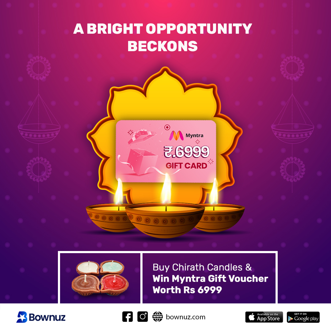 Usher in luck and prosperity to your home by purchasing the traditional Diwali Candles.

#candles #candle #giftvouchers #myntra #giftcard #myntravoucher #lucky #luckyshopping #buyandwin #winbig #luck #Bownuzapp #Bownuz