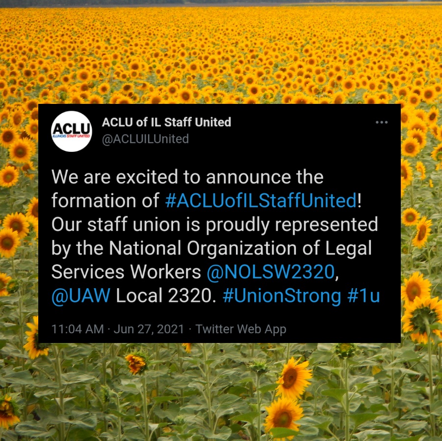ACLUKSUnited's tweet photo. THREE (3) ACLU affiliate unions in one week. 🔥🔥🔥

@aclumn_united 
@acluaz_united 
@ACLUILUnited 
#1u https://t.co/cSf0zLJHzK