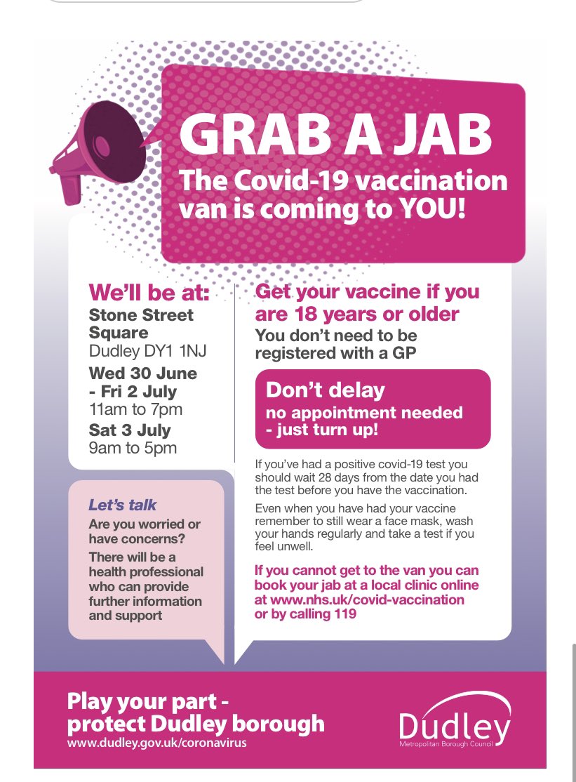 DYHC had been part of the community promoting the vaccine van in central Dudley through having conversations with people and businesses in wrens nest&amp;priory… anyone over 18 can drop by in centre of Dudley today or tomorrow and get their vaccine. Help keep Dudley safe. Pls share!