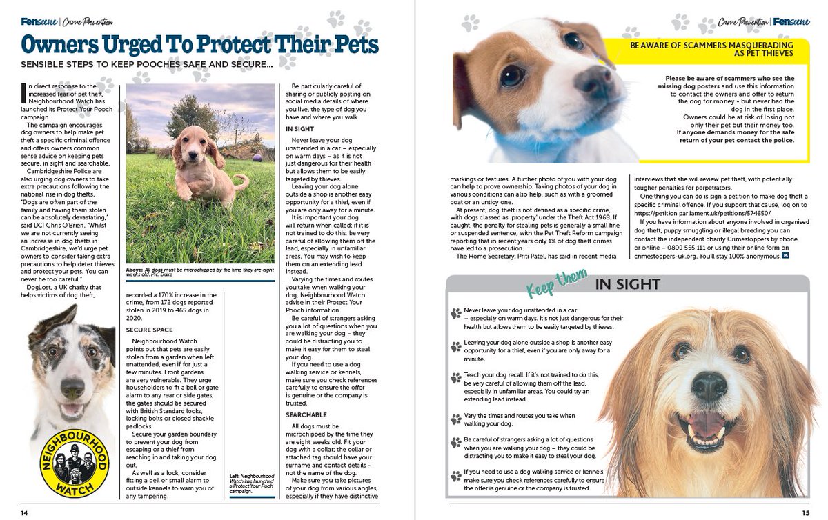 Fen_SCENE's tweet photo. Owners Urged To Protect Their Pets 
Sensible Steps Top Keep Pooches Safe And Secure...

----------------------------------
@NHW_eastcambs  #ProtectYourPoochCampaign #dogthefts #PuppySmuggling #IllegalBreeding #microchipped #Dog #puppy https://t.co/JBp7IBTxoS