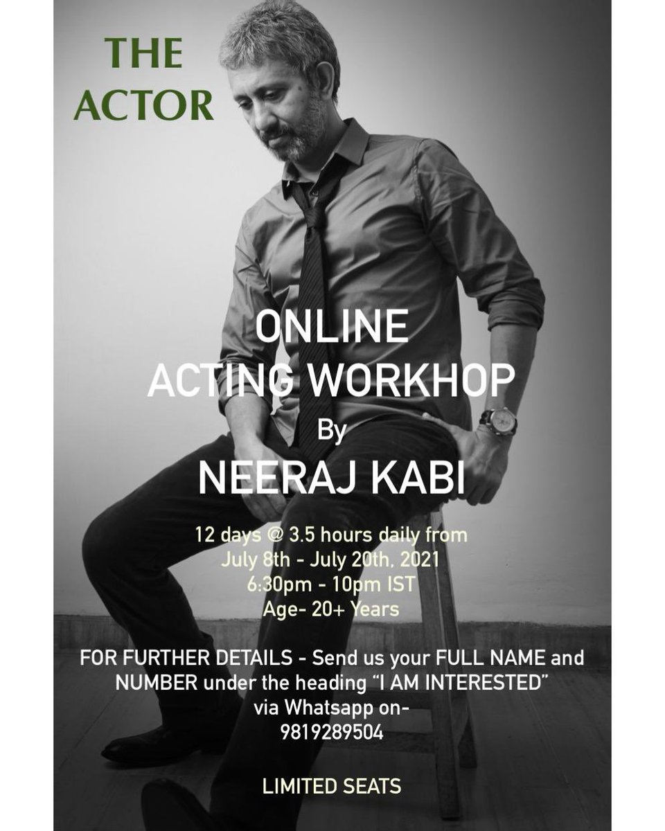 Hello Everybody! 
Announcing my next Online Acting Workshop from July 8th - July 20th. The procedure to receive further details regarding fee and the foundation of the workshop are mentioned on the poster. 
Office Hours- 11am to 6pm.
Looking forward to seeing a lot of you there!