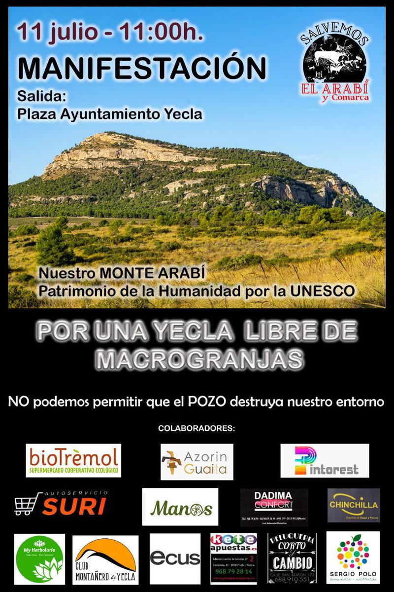 EcoenAccionRM's tweet photo. El 11 julio se ha convocado otra manifestación en Yecla en contra de la #Macrogranja de cerdos del #GrupoFuertes.
Ya en 2017 se manifestaron más de 14.000 personas en defensa del #MonteArabí.
#StopMacrogranjas https://t.co/07MXpLujQS