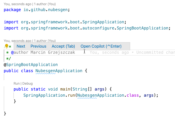 I am *super jealous* of <a href="/MGrzejszczak/">Marcin Grzejszczak</a> as when I auto-complete the author information on my Spring Boot project, GitHub co-pilot uses his name by default!