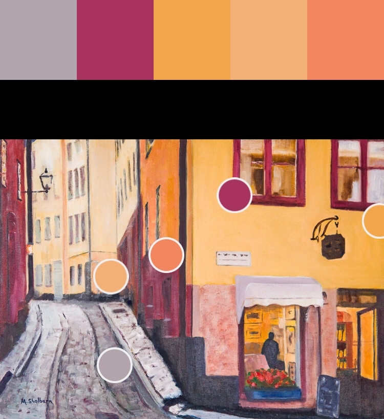 I love seeing the colors artists use for different pictures. For example, here’s a color scheme created from Marsha Shelburn’s painting “Old Swedish Bookstore.”
#art #colorinspo