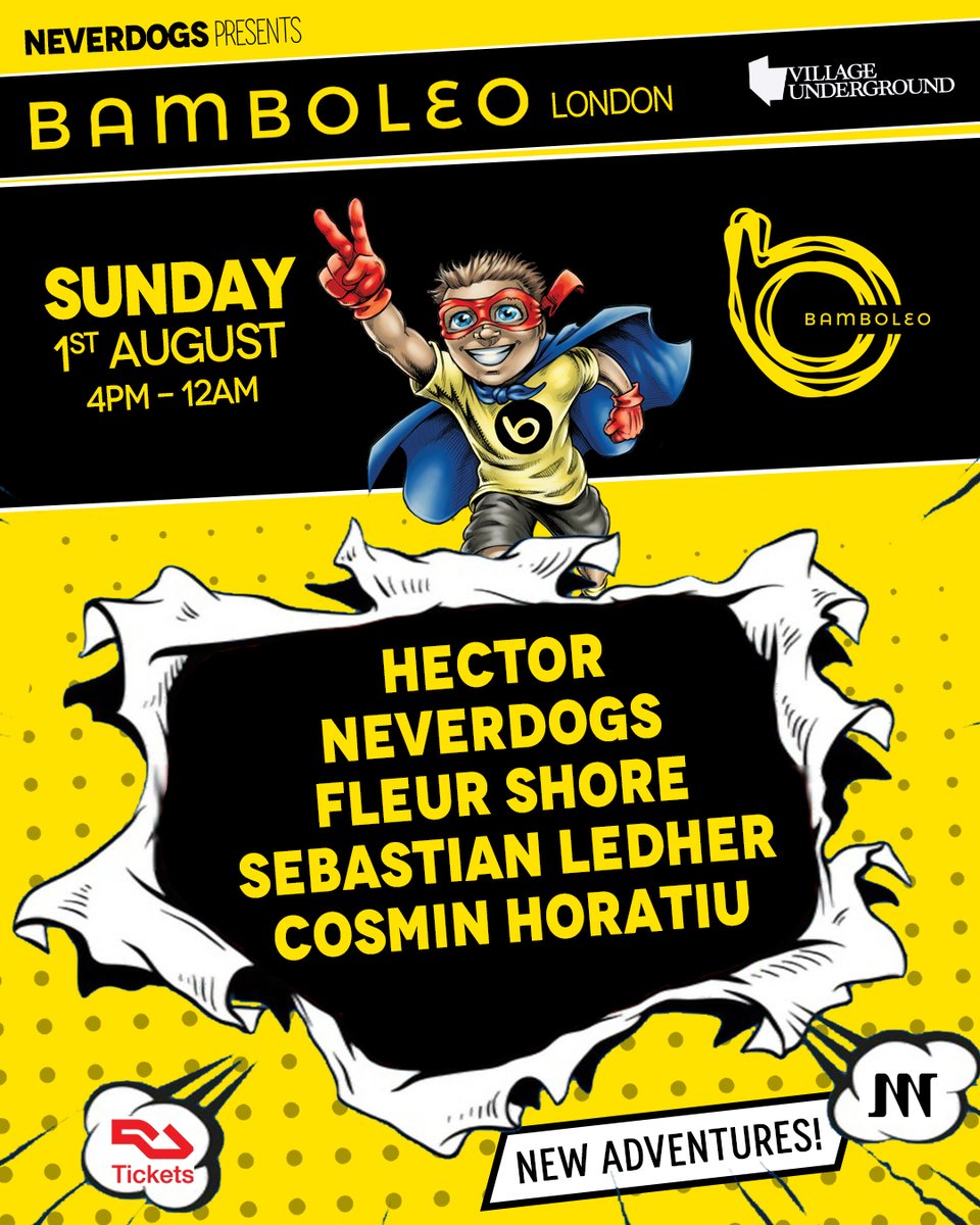 NEW DATE ANNOUNCEMENT 🚨 
We are bringing back Bamboleo to Village Underground London on the 1st of August. Join us alongside Hector, Fleur Shore, Sebastian Ledher and Cosmin Horatiu to celebrate the new era 🐶🚀🚀 
Tickets - ra.co/events/1439314