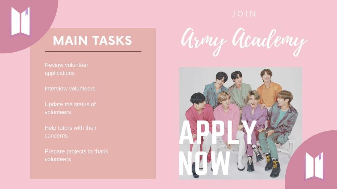 🚨 Calling all ARMYs 🚨

Our HR team is looking for volunteers for July-September. In this team you can interview tutors/admins and also organize fun activities like movies nights, game challenges, and more! Apply before we close the forms 👇

🔗forms.gle/ivAAPNBLzo5hfi… 💜