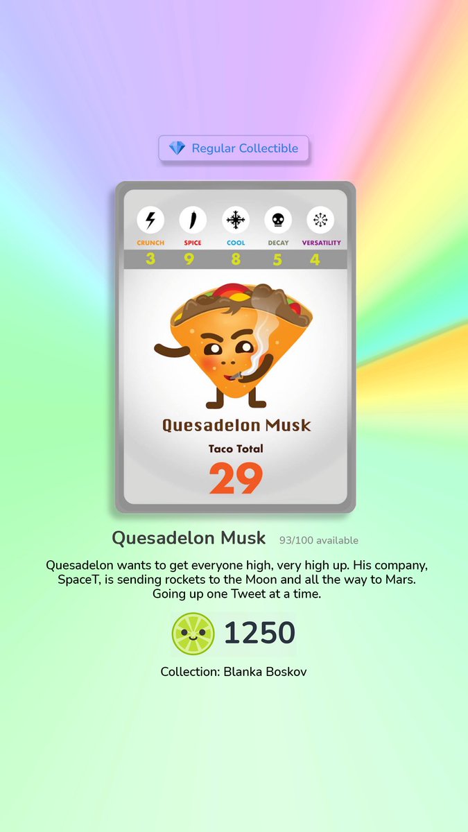 Taconomics101's tweet photo. Quesadelon Musk 🪐 
Regular Collectible 🌟
Available pieces 🌞

Quesadelon Musk 🚀 https://t.co/1u5WjE6n12

Just 1,250 🍋 to mint

Collection: #blankaboskov x #taconomics

#NFT #NFTCollectors #NFTArtist #TacoArt #NFTart #NFTCommunity #Ethereum #NFTianguis @unifty_io $TACO https://t.co/Su5bosrnm3