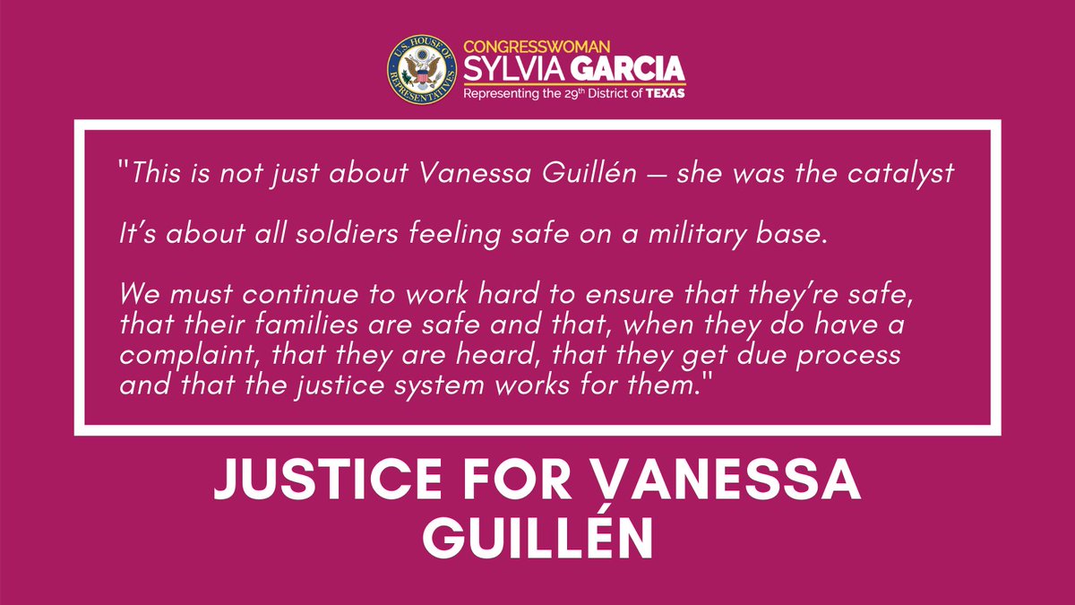 We must never stop fighting for Vanessa Guillén. 

Last week, we got one step closer to justice with the introduction of the #MJIIPA, which will reform the military justice system.

Thanks to the efforts of the Guillens and my colleagues, we will get justice for Vanessa Guillén.