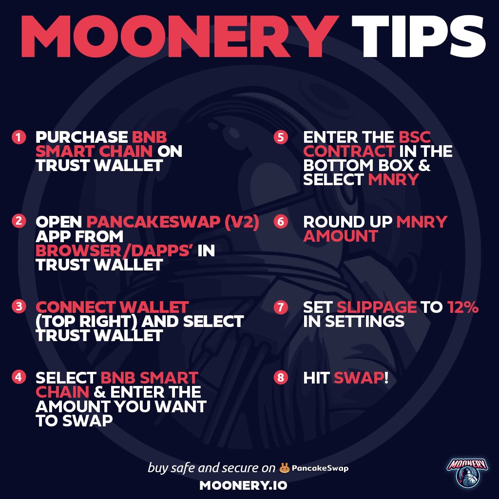 Handy tips on how to buy #MNRY

Our dapp: app.moonery.io

#Moonery #Pancake #MNRY #Crypto #Investment #HowToBuy #BNB #Bsc