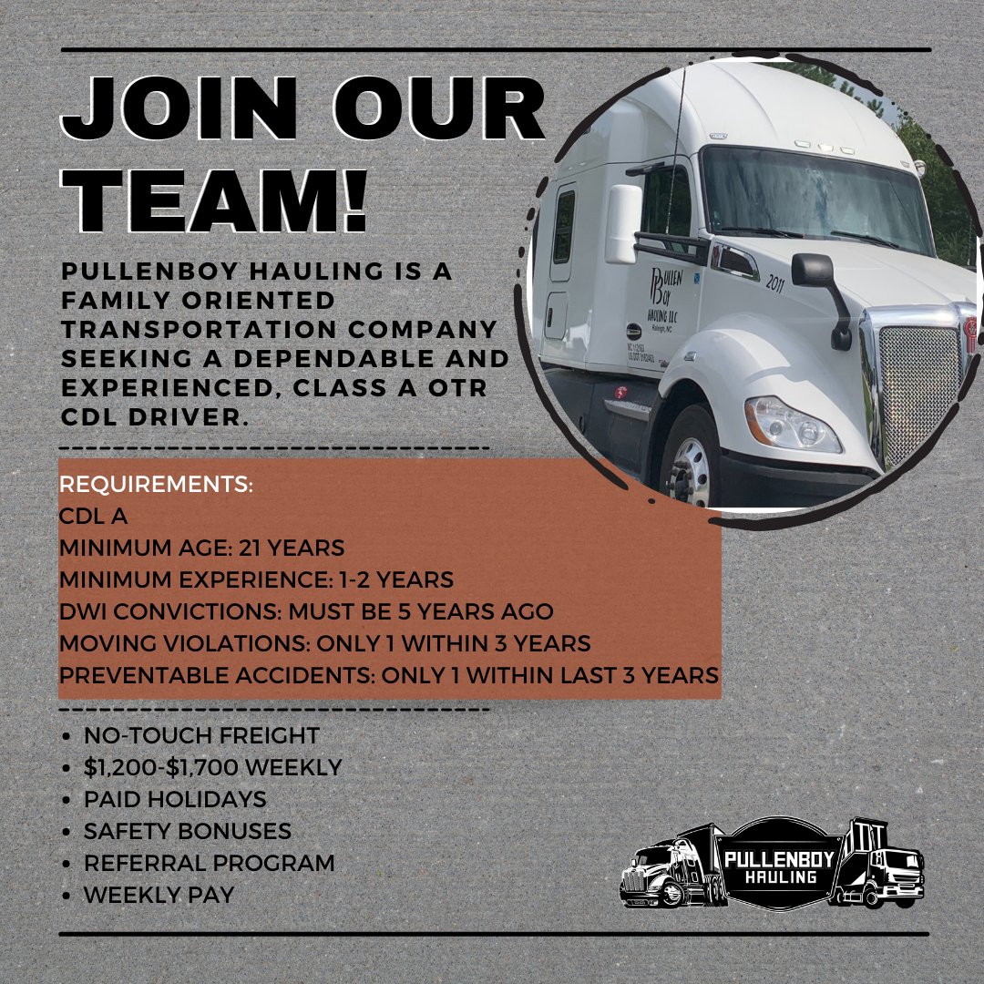 Want to become a part of our team?
Apply online at pullenboyhauling.com
.
.
#freight #loads #raleighnc #dispatchtraining #trucking #construction #minoirty #NorthCarolina #freightbroker #jobsearch #dumptruck #governmentfreight #minorityowned #Entrepreneur  #FinancialGoals