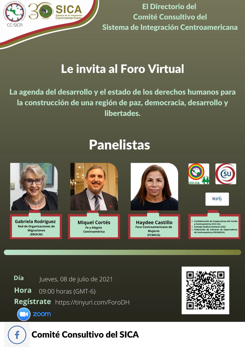 Participa en el Foro Virtual “La agenda del desarrollo y el estado de los derechos humanos para la construcción de una región de paz, democracia, desarrollo y libertades” 
 Día: Jueves, 08 de Julio
 Hora: 09:00 Hrs. (Centroamérica)
 Regístrate: tinyurl.com/ForoDH