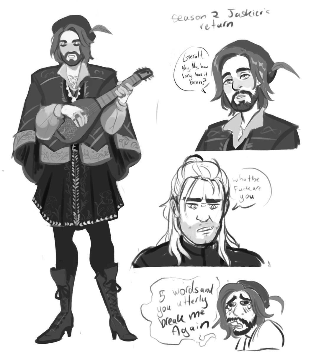 I saw joey batey with longer hair and a beard and became possessed

I just think it'd be very funny if jaskier came back looking completely different and geralts like. Why do you smell like the bard. Did you steal his clothes 
