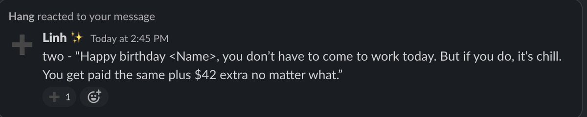 New company policy by <a href="/linhsmooke/">Linh Dao Smooke ❌</a> gives <a href="/hackernoon/">HackerNoon | Learn Any Technology</a> teammates the day off on their birthday, and $42 cash.