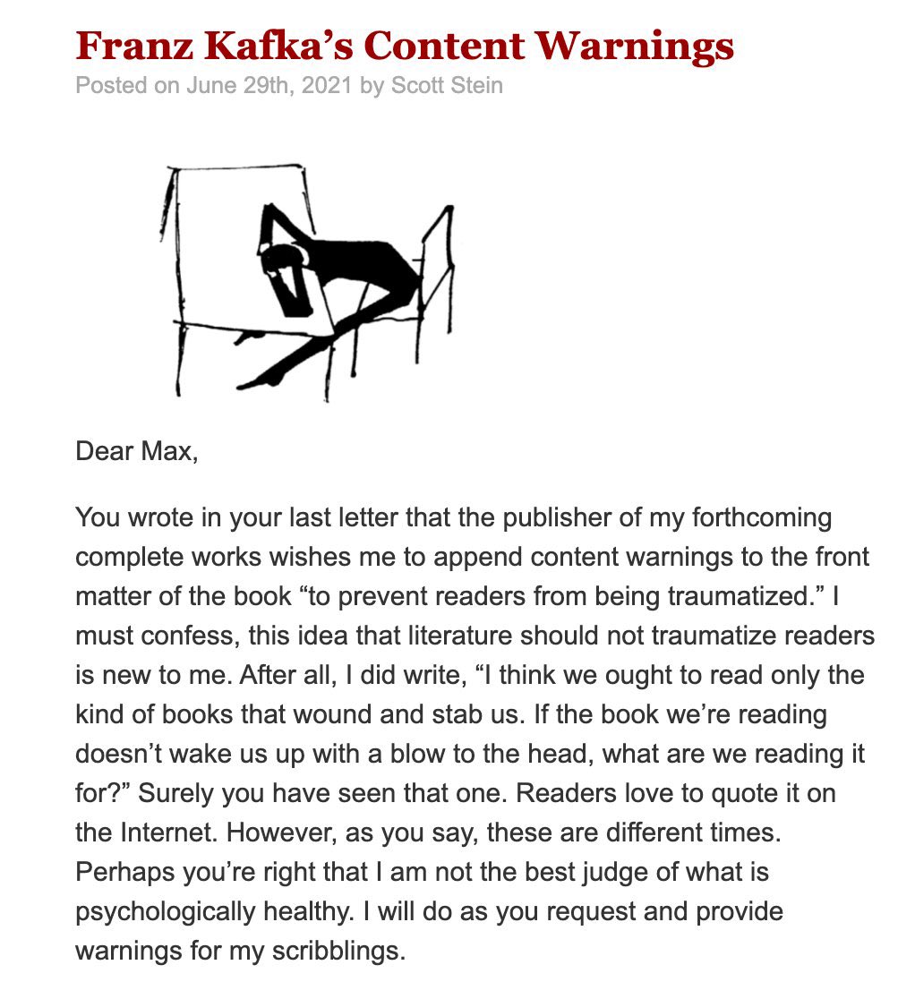 <a href="/Gabino_Iglesias/">Gabino Iglesias</a> This week I posted "Franz Kafka's Content Warnings". Possibly more informative and helpful than humorous. (Actual laughs can be had by reading my novel, link in my profile)

whenfallsthecoliseum.com/2021/06/29/fra…