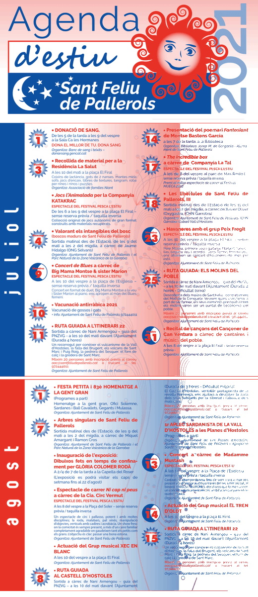 Pallerolstuit's tweet photo. AGENDA D'ESTIU SANT FELIU DE PALLEROLS 2021
VIU L'ESTIU A SANT FELIU!
Vols viure un gran estiu al nostre municipi? Us presentem l'agenda d'estiu de @Pallerolstuit 
+INFO: 
https://t.co/hYOf5qpu23
#santfeliudepallerolsetpesca
#estiupescallunes
#viulestiuasantfeliu https://t.co/rPBRMDHBYj