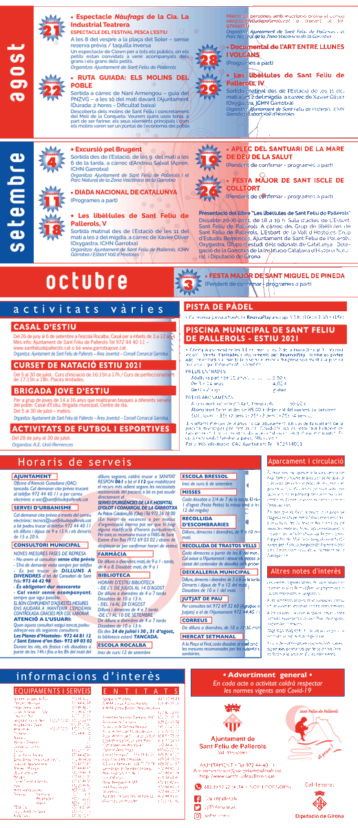 Pallerolstuit's tweet photo. AGENDA D'ESTIU SANT FELIU DE PALLEROLS 2021
VIU L'ESTIU A SANT FELIU!
Vols viure un gran estiu al nostre municipi? Us presentem l'agenda d'estiu de @Pallerolstuit 
+INFO: 
https://t.co/hYOf5qpu23
#santfeliudepallerolsetpesca
#estiupescallunes
#viulestiuasantfeliu https://t.co/rPBRMDHBYj
