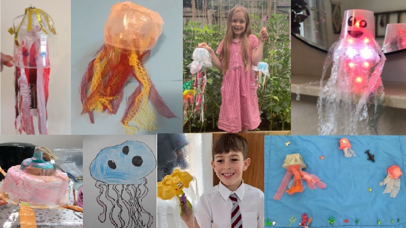 TyntesfieldLY's tweet photo. 2LY have had a wonderful time creating incredible jellyfish art work from plastic waste around their homes. We jellyfish danced over Zoom to 'Under the Sea' and created posters to teach others about the dangers of plastic waste in our oceans. #TPSArtDay2021 https://t.co/ioO4YNX4JS