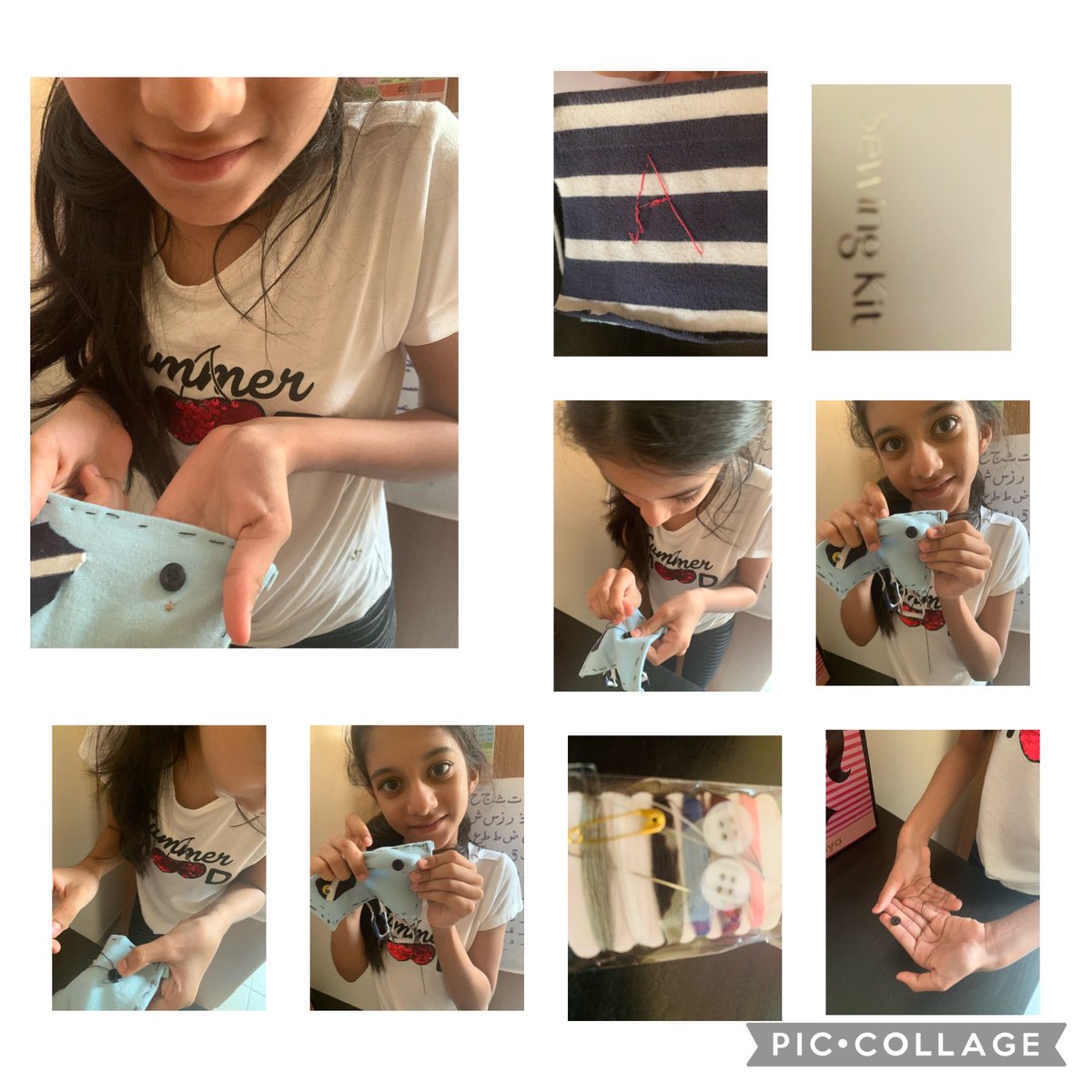 ParulSKapoor's tweet photo. ⁦@WPS_SILVERJD⁩ ⁦@DukeAwards⁩ Aaliya 4C learned to sew and button and a name tag and thoroughly enjoyed doing it. https://t.co/RrrpBHClIL