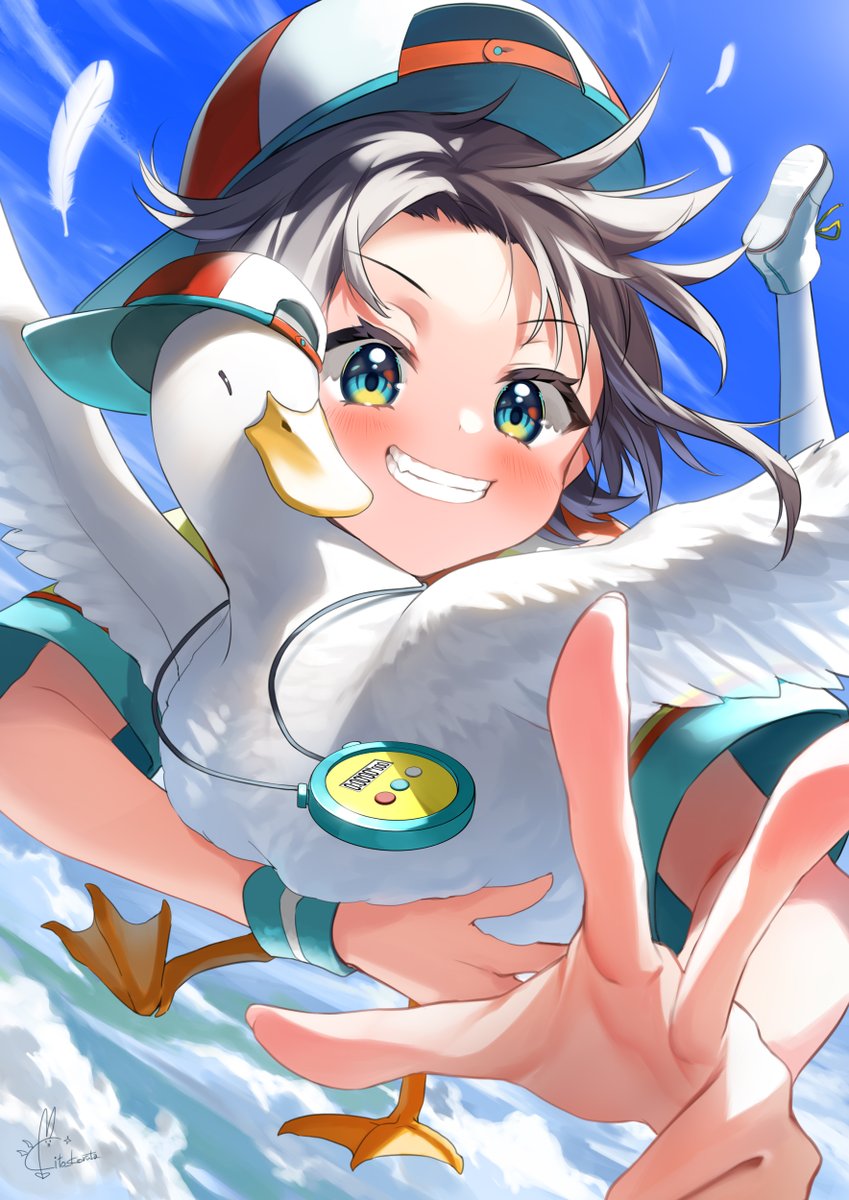 oozora subaru 1girl bird smile short hair hat bangs grin  illustration images