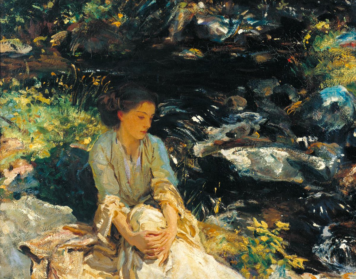The way Sargent painted was very physical, people said he looked like a fencer. Here he captures the movement of light on the stream &amp; the fabric of Ormond’s dress with thick, loosely handled paint. Rose-Marie Ormond was Sargent's niece &amp; travel companion. bit.ly/3hc9N55