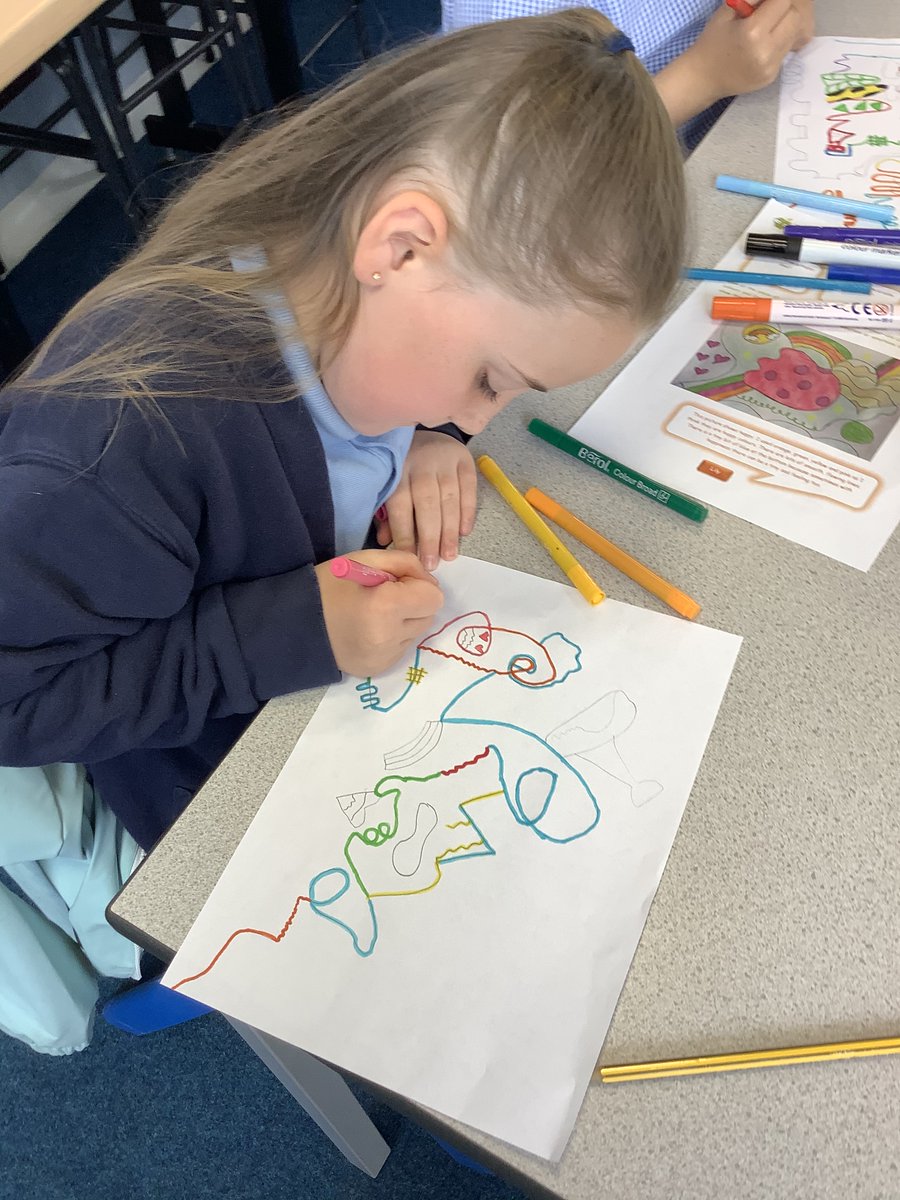 IPMATGawthorpe's tweet photo. Year 3 have taken part in picture news day. They have used lines to make emotion art. These were created to show the emotions you go through at the start during and after a race. Here is some of the wonderful work they created. #GCAYear3 https://t.co/mSClMfUZVq