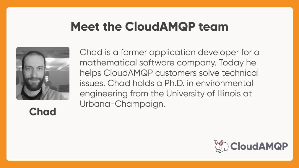 CloudAMQP's tweet image. Behind the scenes of CloudAMQP - let’s meet a great team member who is a huge part of why we host the world’s largest cluster of RabbitMQ instances. #rabbitmq #amqp #messagequeuing buff.ly/2FphAve