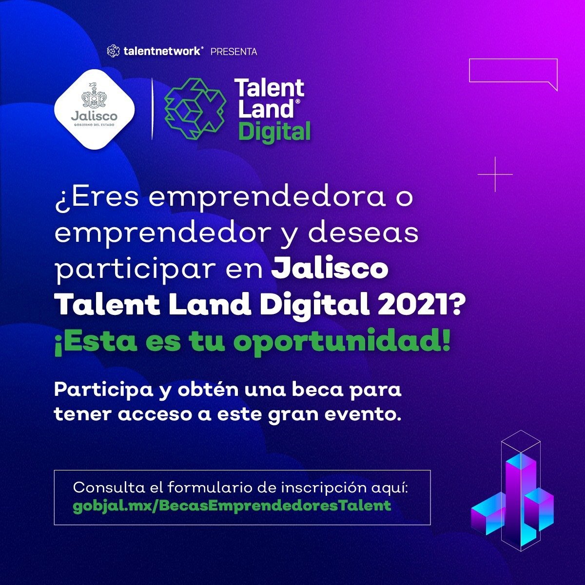 El Gobierno del Estado de Jalisco a través de la <a href="/Sicyt_Jalisco/">SICYT Jalisco</a> , invita a las y los emprendedores a ser parte de Jalisco Talent Land Digital 2021, el máximo punto de conexión e interacción entre jóvenes talentos.Regístrate y obtén tu beca aquí: gobjal.mx/EmprendedoresB…