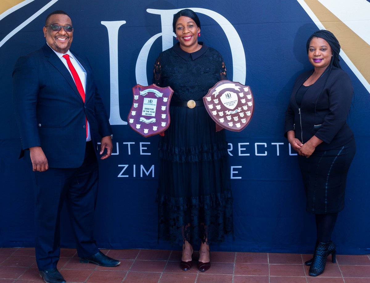 IoDZ Chairman Dr Mike Juru (Left) and Councillor Millicent Banda (Right) poses for a picture with the winner for Woman Director of the Year Award 2020 and Director of the Year - NGO and Civil Society Organisations Award 2020 , Deborah Tigere  (Center).
#doya #directoroftheyear