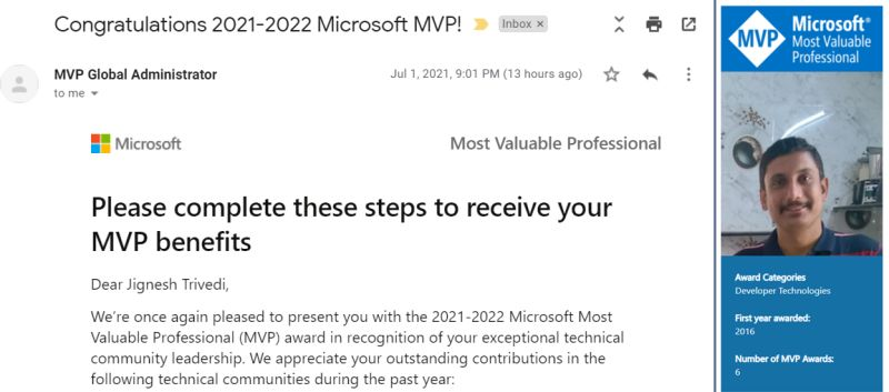 I am happy and honored to receive the “Microsoft MVP Award 2021-2022”. Its 6th Year of continuous award. Thanks to #Microsoft for appreciating my contribution towards the community. 
Special thanks to my family and friends for continue support. #community #mvp #Microsoft
