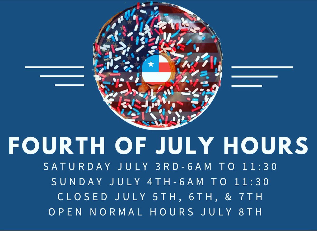 We hope everyone has a wonderful weekend. We will be open all weekend long. Then we will be closed July 5th, 6th, &amp; 7th. We will be open for normal hours starting July 8th. Thank you and have a wonderful weekend.